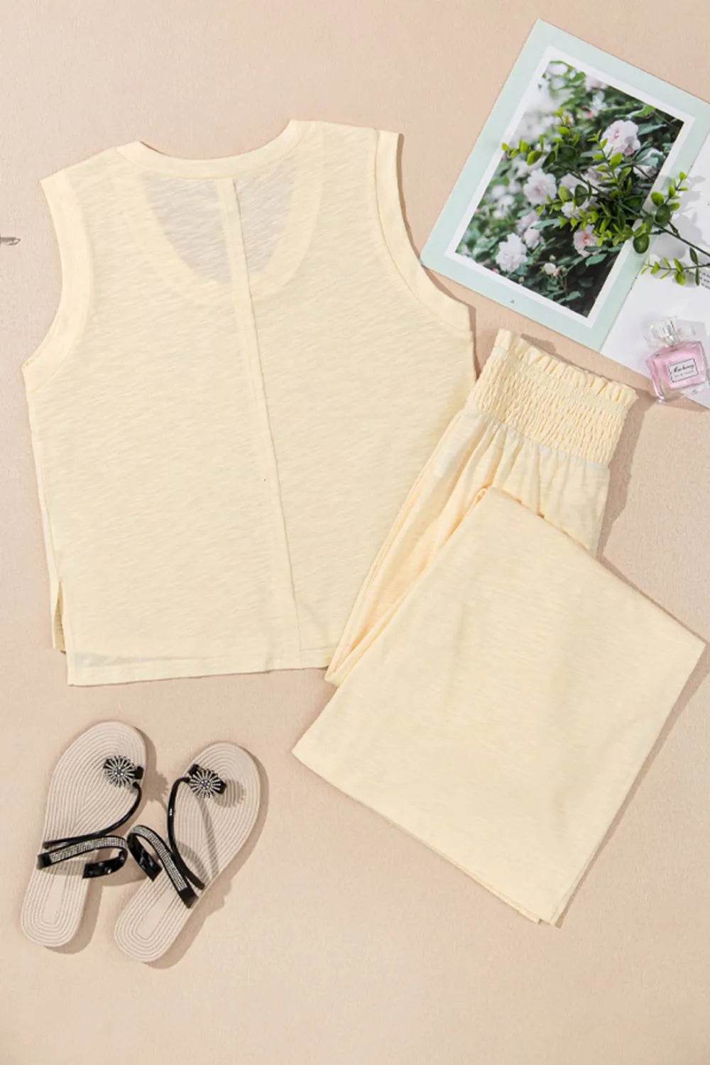 Solid Color Tank Top and Smocked Waist Pants Set - Velveta Studio