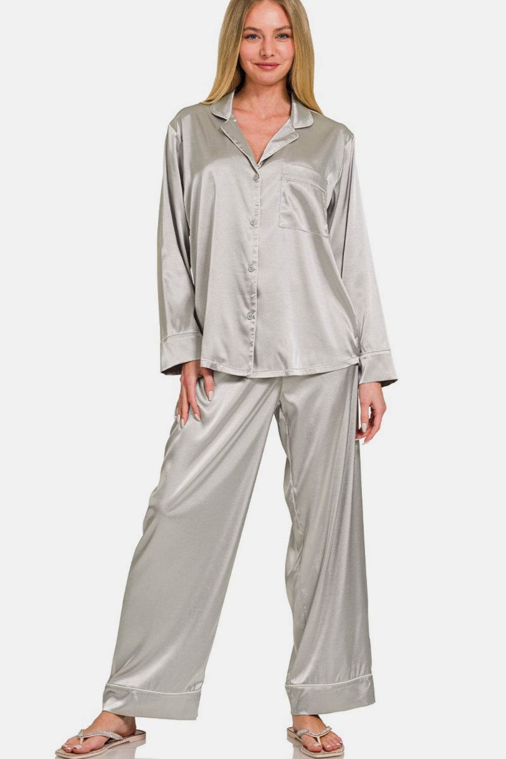 Zenana Satin Long Sleeve Shirt and Pants Pajama Set - Velveta Studio