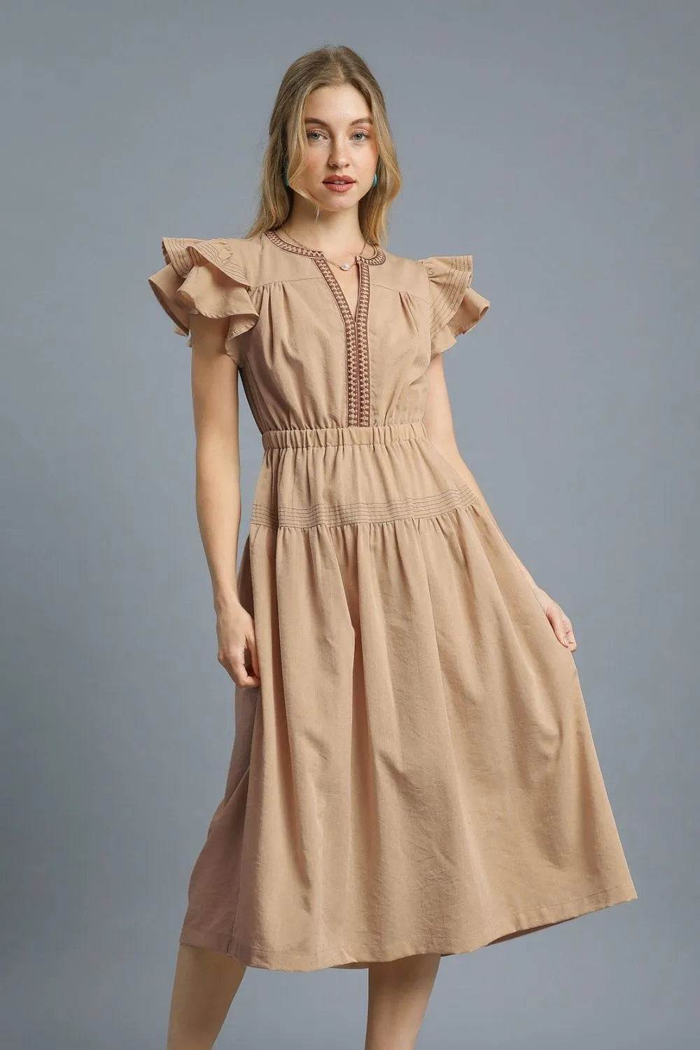 Romantic Ruffle Midi Dress with Lace Trim – Beige - Velveta Studio