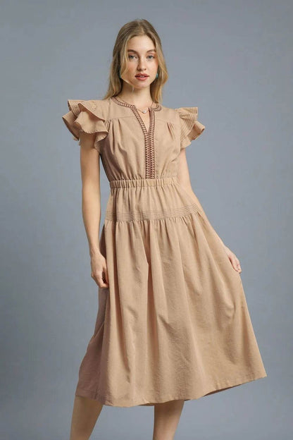 Romantic Ruffle Midi Dress with Lace Trim – Beige - Velveta Studio