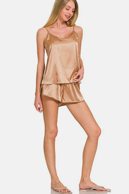 Zenana V-Neck Satin Cami and Elastic Waist Shorts Lounge Set - Velveta Studio