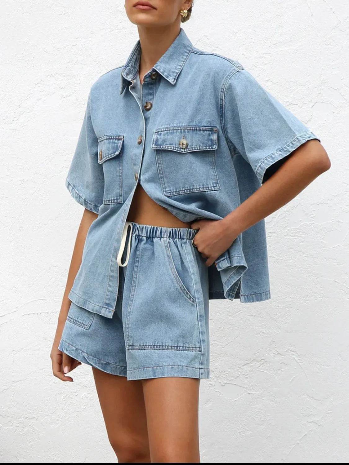 Button Up Short Sleeve Top and Shorts Denim Set - Velveta Studio