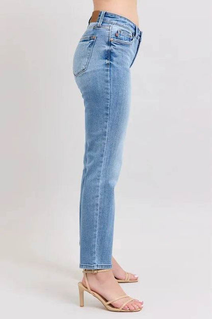 Mid Rise Vintage Wash Slim Jeans with Cell Phone Pocket Plus Size - Velveta Studio