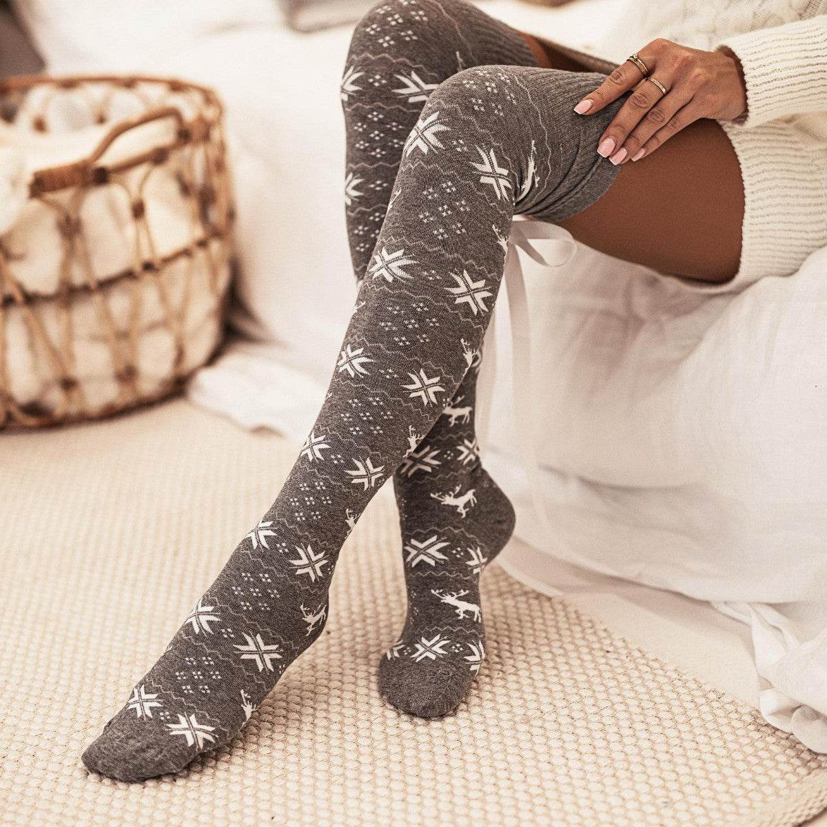 Christmas Element Bowknot Ribbed Trim Over Knee Stockings - Velveta Studio